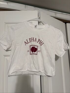 Alpha Phi White Crop Tee with Maroon Alpha Phi Logo